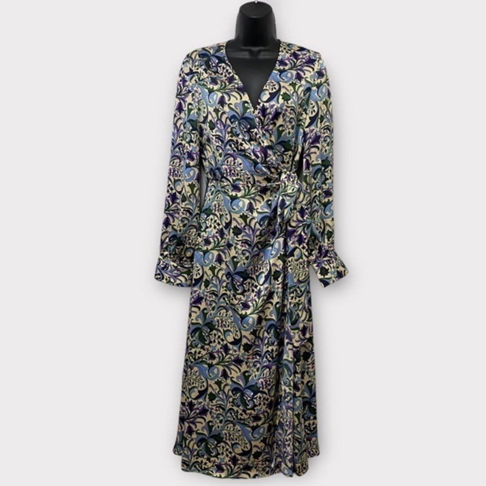 H&M Multicolor Whimsical Floral Balloon Sleeve Wrap Dress Size Small